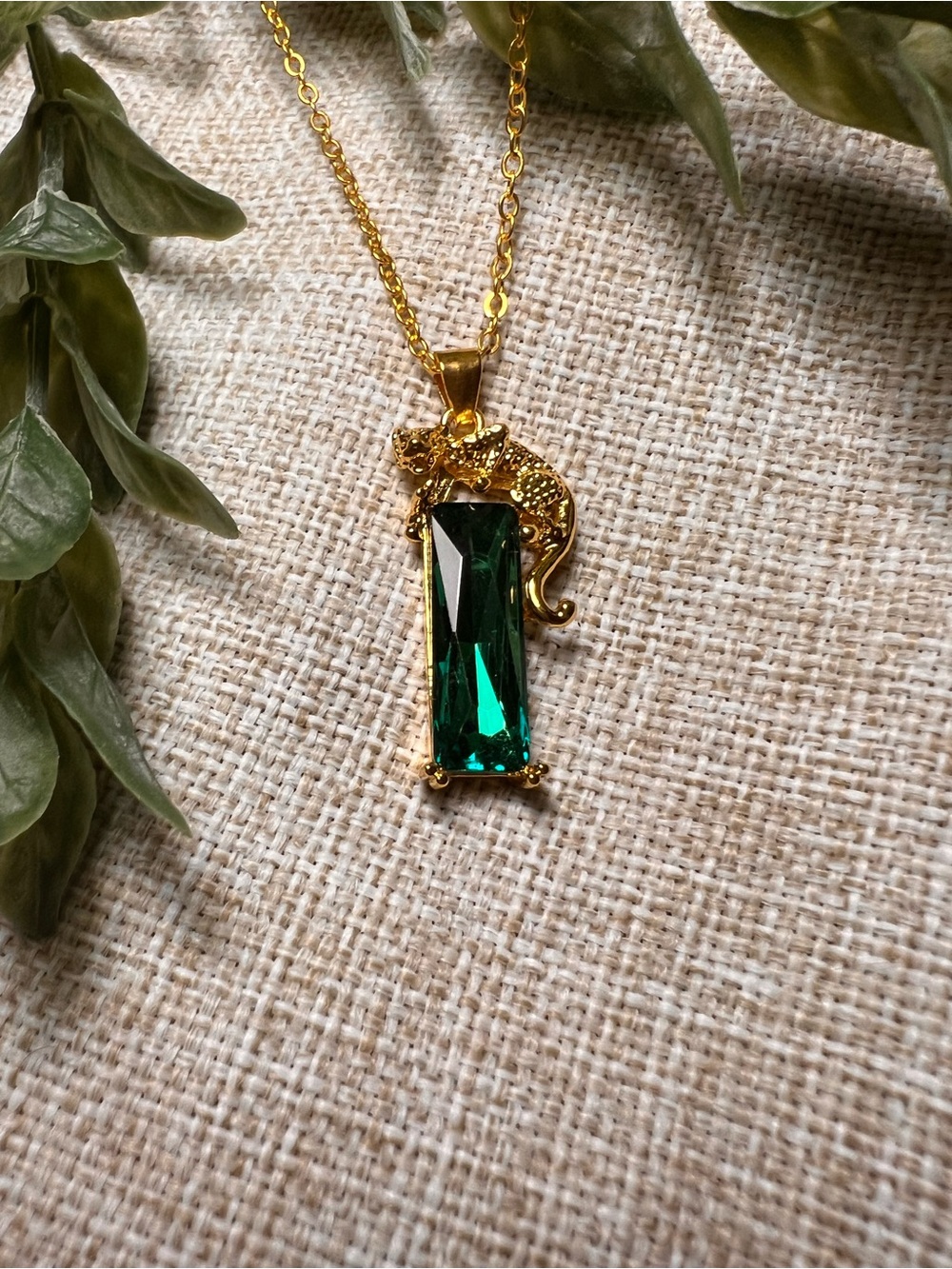 JEWELRY Gold Cheetah Cat Necklace with Chunky Rectangular Emerald Diamond